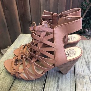 Vince Camuto 9.5 brown leather strappy zip up heels